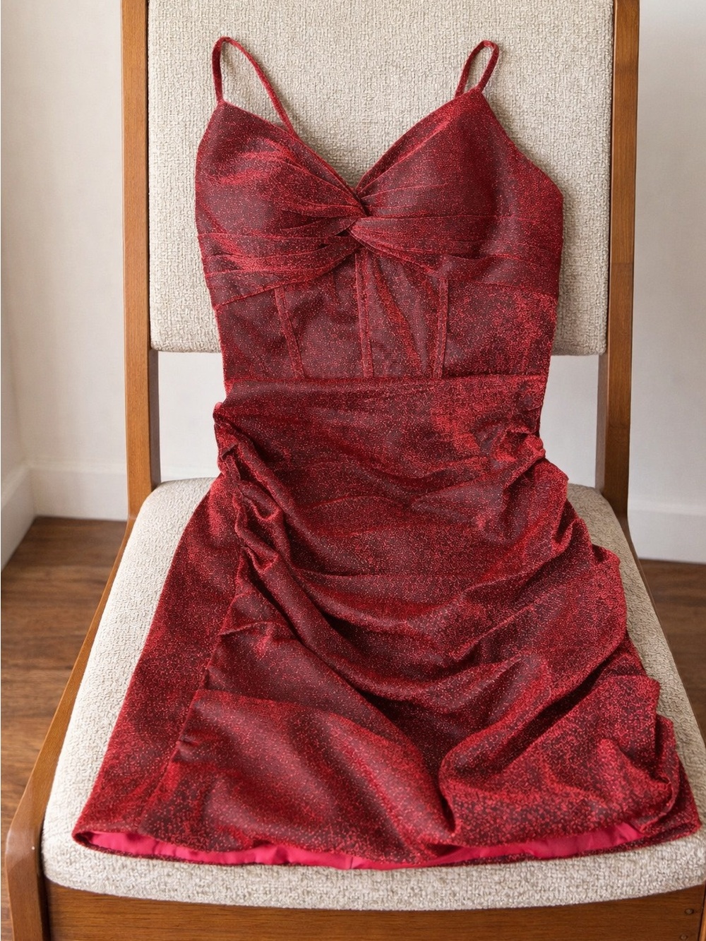 Sparkle Red Twist-Front Slip Mini Dress Prom Formal